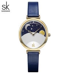 Shengke Women Fashion Blue Quartz Watch Lady Leather Watchband High Quality Casual Waterproof Wristwatch Gift for Wife With Box2166461611