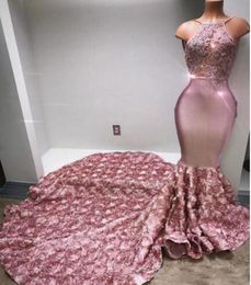 Cascading Ruffles Rose Pink Prom Dresses Mermaid Halter Sexy Appliques Beaded Sweep Train Sequined Gowns Mermaid Evening Dress8423154