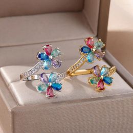 Wedding Rings Charm Plant Flower For Women Silver Gold Colour Multi Red Blue Purple Zircon Bands Luxury Cocktail Ring Jewellery CZ