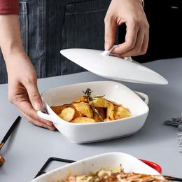 Plates Nordic Binaural Baking Pan With Lid Ceramic Square Household Oven Microwave Kitchen Cheese Board Rice Bowl Sushi Plate