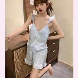 Home Clothing Summer Women Pyjamas Set Sexy Ruffles Strap Top Shorts Pijamas Suit Satin Sleepwear Nightwear Clothes