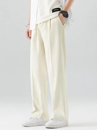 Summer Casual Pants Men Breathable Polyester Korean Fashion SemiWide Banded Waist Slacks Straight Loose Drape Trousers 240328