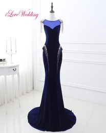 2018 Cheap Royal Blue Velvet Evening Dresses O Neck Cap Sleeves Lace Up Back Long Formal Prom Party Gowns Special Occasio7683578