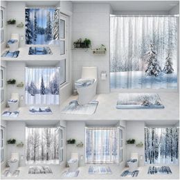 Shower Curtains Winter Curtain Forest Snow Scene Nature Landscape Covered Tree Holiday Bathroom Mat Decor Set