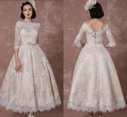 Dresses Lace Wedding Dress 2020 Vintage Bateau Champagne Half Sleeves Bridal Gown A line Backless Tea length Sash Reception Bridal Dress