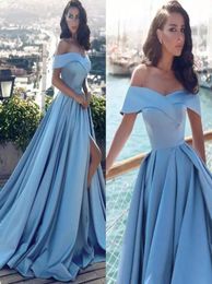 Princess Off Shoulder Prom Dresses 2019 Pattern Big A Line Skirt Side Split Sky Blue Burgundy Satin Formal Gowns Evening Party1184818