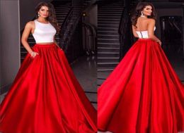 s 2018 White And Red Two Pieces Prom Dresses Cheap Halter Neck A Line with Pockets Long Party Formal Gowns Custom Made5402010