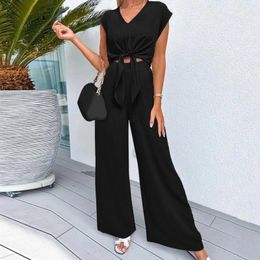 Women's Two Piece Pants Black Outfits Fashion Cap Sleeve V Neck Bowknot Belted Crop Tops Wide Leg Pant Sets Summer Casual