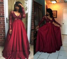 Sexy V Neck Long Sleeve Lace Prom Dress Burgundy A Line Sweep Train Evening Party Gown Custom Made Plus Size5828947
