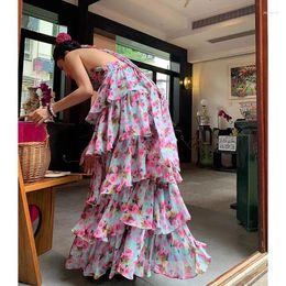 Casual Dresses Korejepo Fragmented Flower Hanging Neck Backless Dress Women Summer 2024 Long French High Waist Cake Vestido