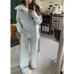 Women's Two Piece Pants Pant Sets Solid Polo Collar Zipper Long Sleeve Coat Straight Wide Leg Casual Sports Knitted Lady Clothes