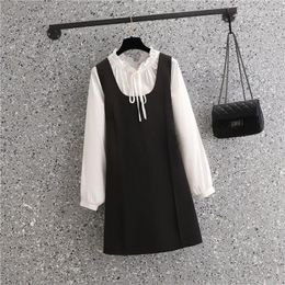 Work Dresses Casual Two-piece Set For Women Long Sleeve Blouse Tops And Mini Dress Large Size Female Spring Autumn Black White Matching