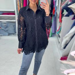 Women's Blouses Vintage Embroidery Lace Shirts For Women Elegant Hollow Long Sleeve Office Blouse Sexy Lapel Single Breasted Solid Tops