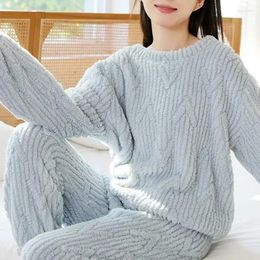 Home Clothing Women O-neck Sleepwear Sets Pants Coral Fleece Pullover Waist Winter Warm Cartoon Female Suit Pyjama Autumn And Elastic