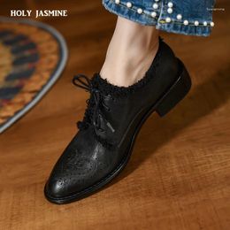Dress Shoes Cowhide Lady Flats Retro Mid Heel British Style Fringe Oxfords Lace-Up Brogue For Women Vintage Black Woman