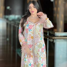 Ethnic Clothing Marocain Kaftan Feather Print Diamonds Abaya Women Muslim Maxi Party Dress Eid Djellaba Islamic Jalabiya Arabic Robe Dubai