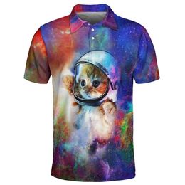 Astronaut Kitten Print Casual Versatile Men's Polo Shirt Button Up Pullover Top Trendy Sports Comfortable Top