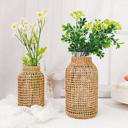 Vases Grass Woven Glass Dry Flower Vase Japanese Hydroponic Plant Desktop Ornament Straw Pots For Plants