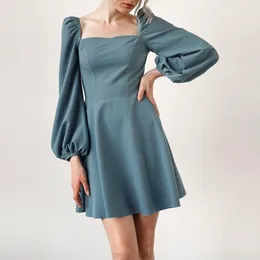 Casual Dresses Puff Long Sleeve Square Collar Women A-line Dress Solid Tunic Ruched Ladies Autumn 2024 Elegant Vestidos Fashion