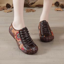 Casual Shoes Genuine Leather For Women Lace Up Ballet Flats Vintage Floral Loafers Elderly Woman Anti Kick 2024