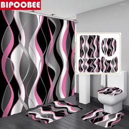 Shower Curtains Pink Wavy Line Curtain Sets Black And Grey Bathroom Modern Bath Mat Non-Slip Rugs Toilet Lid Cover Home Decor