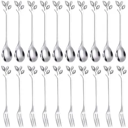 Spoons Dessert Spoon Fork Set 20 Pcs 4.7 Inch Cake Coffee Creative Silver Leaf Fruit (10 10 Fork)