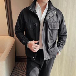 Men's Jackets Fashion Solid Colour Zipper Jacket For Men Stand-up Collar Large Pocket Loose Casual Coat Social Streetwear Clothing