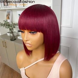 99J Coloured Short 180D Straight Brazilian Human Hair Bob with Bangs Remy Full Machine Made for Women Hightlight Burgundy 240401