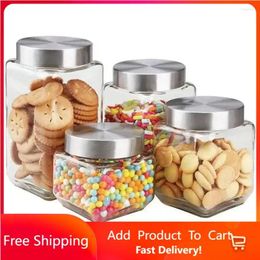 Storage Bottles 4 Pieces Glass Canister Set Square Kitchen Container Items Organiser Containers Rapid Transit