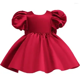 Girl Dresses Satin Large Bow Girls Princess Puff Sleeves Children Vestido Host Wedding Birthday Party Tutu Dress Kids Fashion Clothes