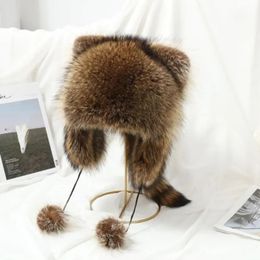 Parent-Kid Plush Hat Russian Mongolian Hat Windproof Cap With Raccoon Tail Winter Thick Warm Ears Fashion Bomber Pom Hats 240329