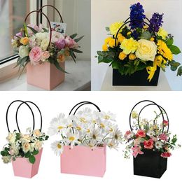 Gift Wrap Portable Flower Boxes Waterproof Kraft Paper Bouquet Box With Handles Wedding Rose Party Birthday Decors