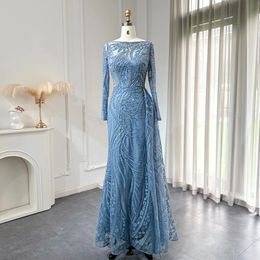 Sharon Said Luxury Dubai Blue Mermaid Muslim Evening Dress Overskirt Long Sleeve Plus Size Women Wedding Guest Party Gowns SS141 240323