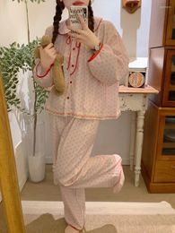 Home Clothing Polka Dot Print Autumn Pyjamas Set Women Cotton Casual Two Piece Suit Sweet Pink Sleepwear Loose Bow Thin Lace Nightwear