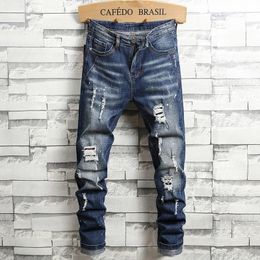 Spring Retro Jeans Mens Elastic Slim Little Feet High Street Hiphop Fashion Ripped Hole Denim Trousers Male 240323