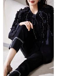 Women's Blouses Exquisite Sparking Diamonds Oversized Mid-length Shirts Women 2024 Spring Summer Long Sleeve Black Ruffles Tops Blusas