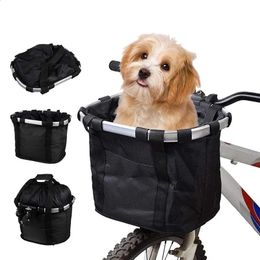 Bicycle Front Basket Bike Small Pet Dog Carry Pouch 2in1 Detachable MTB Cycling Handlebar Tube Hanging Fold Baggage Bag 5KG Load y240329