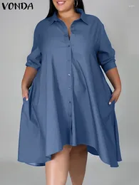 Plus Size Dresses 5XL VONDA Women Vintage Shirt Dress 2024 Autumn Denim Long Sleeve Asymmetrical Midi Vestidos Solid Elegant Sundress