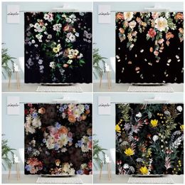 Shower Curtains Floral Pink White Purple Yellow Flowers Plants Roses Spring Scenery Modern Fabric Black Bathroom Decoration Set