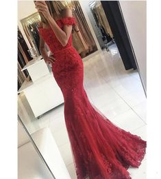 2018 Vintage Red Prom Gowns Vestidos De Fiesta Off the Shoulder Sweetheart Appliqued Lace Mermaid Short Sleeve Evening Dresses1900900