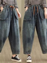 Pantaloni da donna elastico colore in vita abbinata in pizzo retrò jeans in difficoltà femminile 2024 design alla moda harem harem pantaloni in denim k503
