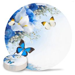 Table Mats Blue Butterfly Flower Ceramic Set Kitchen Round Placemat Luxury Decor Coffee Tea Cup Coasters