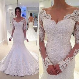 Dresses Long Sleeve Wedding Dress Mermaid Lace OfftheShoulder Low V Back Court Train Beaded Tulle Satin Open Back White Bridal Gowns