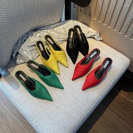 Slippers Black Green Yellow Red Fashion Women Pointed Toe Shallow Slip On Thin Mid Heels Outside Dress Shoes Woman Mules 35-39