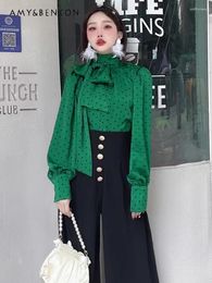 Women's Blouses Elegant Polka Dot Turtleneck Lace-up Women Tops Spring And Autumn Commute Style Fashion Chiffon Shirt Versatile Slim Blouse