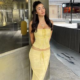 Work Dresses Summer 2 Pieces Set Off Shoulder Boob Tube Top Slim Fit Sexy Suits Yellow Midi Hip Wrap String Knitted Skirt Sets For Women