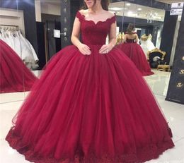 Burgundy Prom Dresses Sweet 16 Dresses Off Shoulder Lace Applique Tulle Ball Gown Quinceanera Dress Evening Pageant Wear2644844