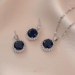 Necklace Earrings Set Big Blue Stone Round Pendant And Stud For Women Silver Colour Zircon Clavicle Bridal Wedding Party