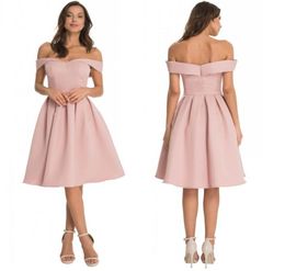 Off The Shoulder Prom Dresses Blush Pink Pleated Knee Length Satin Backless Cocktail Evening Gowns Simple Formal Bridesmaid Dress6956756