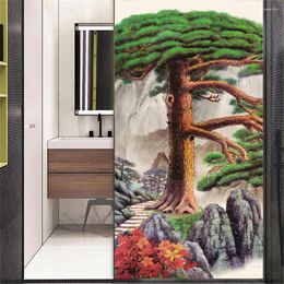 Window Stickers Privacy Film No-Glue Pine Tree Painting Decorative Glass Covering Static Cling Frosted Tint